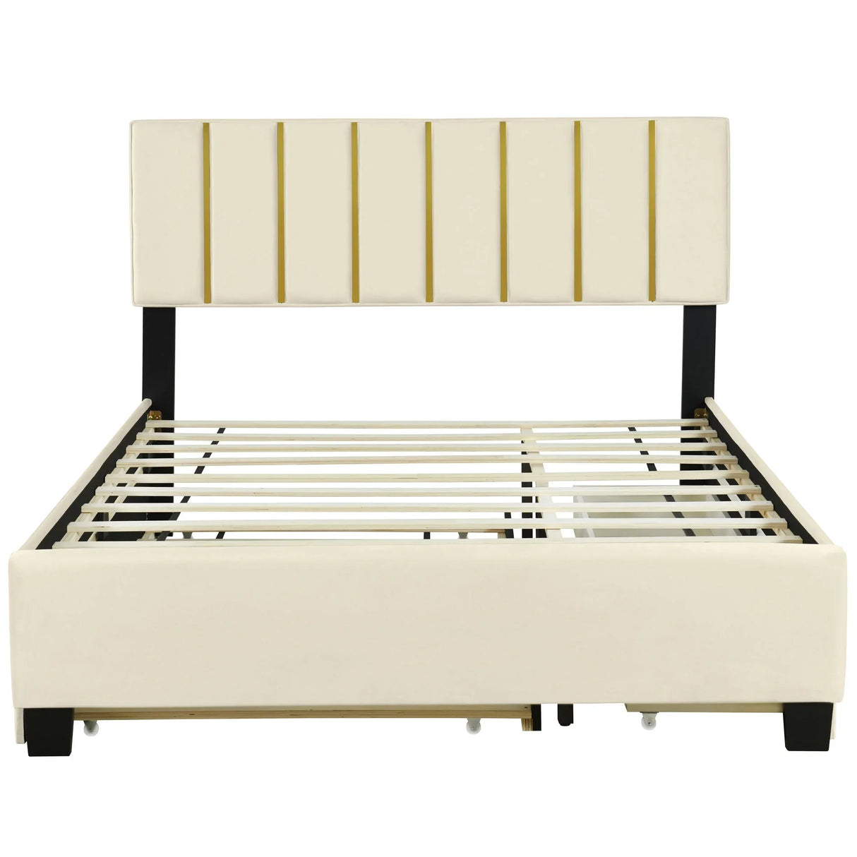 Upholstered Platform Bed With 2 Drawers And 1 Trundle, Classic Strip Headboard Design - Furniture Home Direct