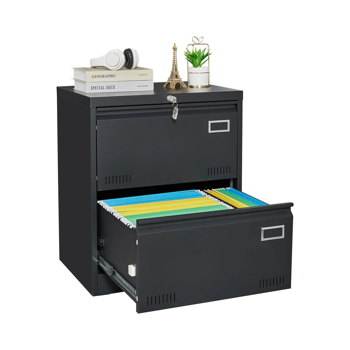 2 Drawer Metal Lateral File Cabinet With Lock, Office Vertical Files Cabinet For Home Office, Locking Metal File Cabinet - Black - Furniture Home Direct