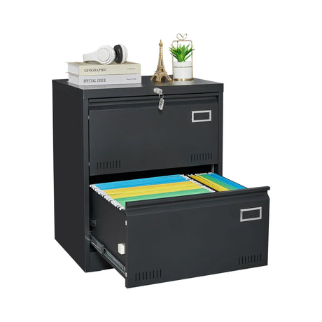 2 Drawer Metal Lateral File Cabinet With Lock, Office Vertical Files Cabinet For Home Office, Locking Metal File Cabinet - Black - Furniture Home Direct