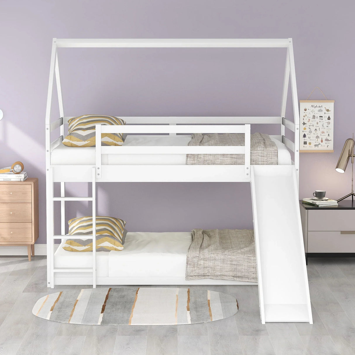 Twin Size Bunk House Bed With Slide And Ladder - White - Furniture Home Direct