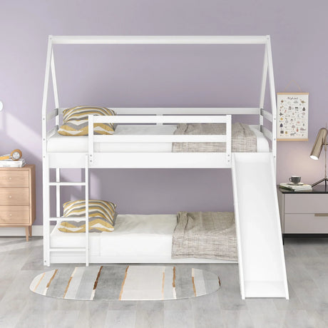 Twin Size Bunk House Bed With Slide And Ladder - White - Furniture Home Direct