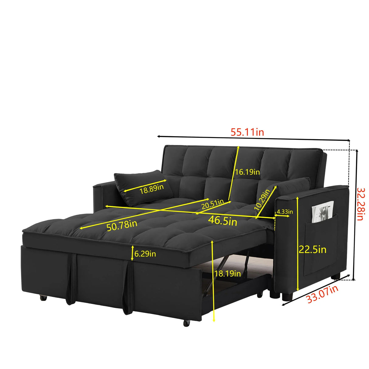 Modern Velvet Convertible Loveseat Futon Sofa With Pullout Bed, Reclining Backrest - Furniture Home Direct