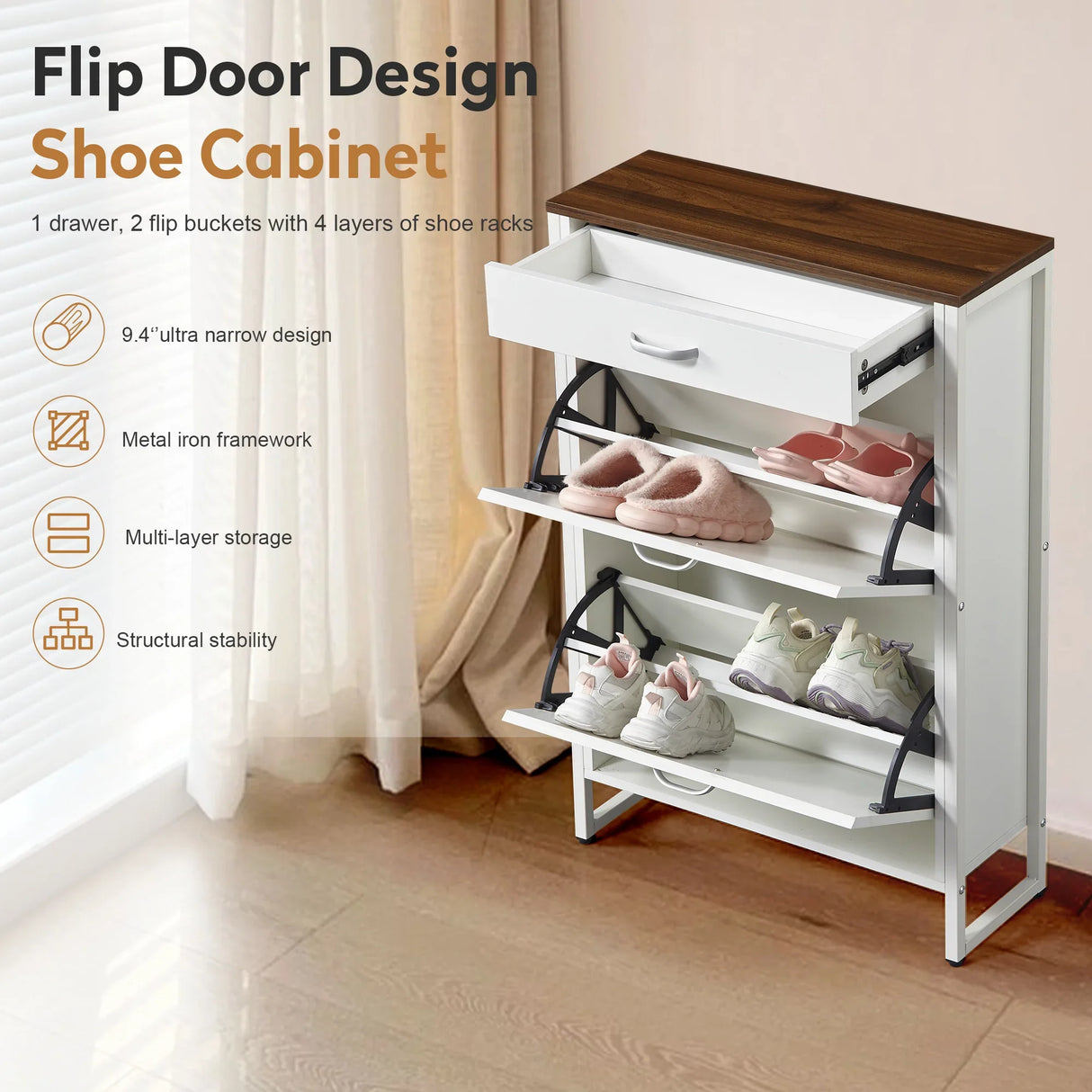 Slim Shoe Cabinet with 2 Flip Drawers - white and Walnut - Furniture Home Direct