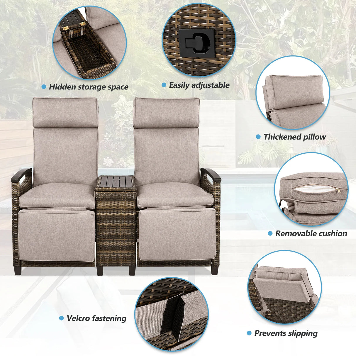 Outdoor Reclining Chaises With Built-in Storage Table - Furniture Home Direct