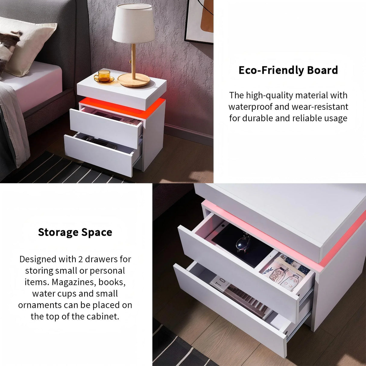 Modern LED Bedside Table Cabinet With Adjustable Lights And 2 Drawers - White - Furniture Home Direct