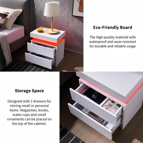 Modern LED Bedside Table Cabinet With Adjustable Lights And 2 Drawers - White - Furniture Home Direct