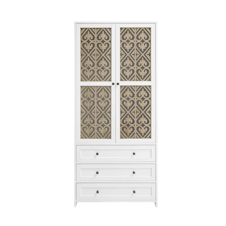 Hollow Pattern 2 Door 3 Drawer Wardrobe, The Collision Of Wood Color, Suitable For Bedrooms And Dressing Rooms - White - Furniture Home Direct