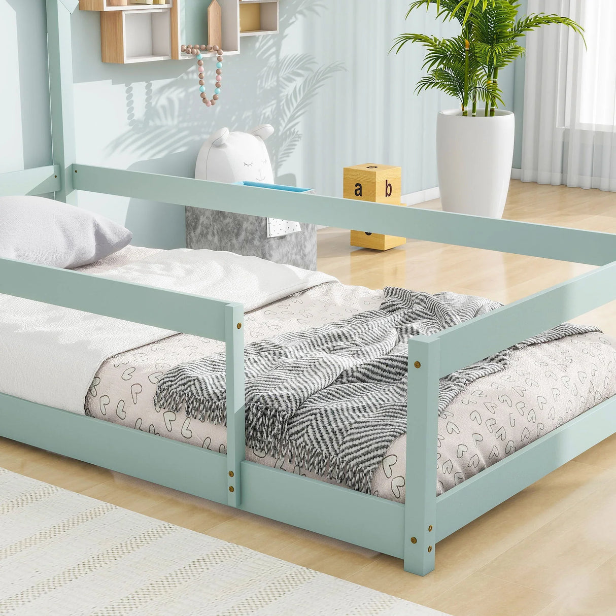 Wood Bed With House Shaped Headboard Floor Bed With Fences - Furniture Home Direct