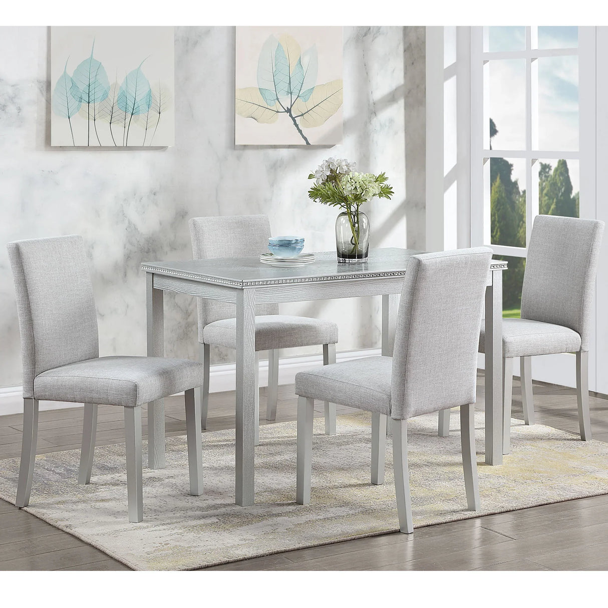 Dining Table Set With Crystal Decoration And Upholstered Chairs - Furniture Home Direct