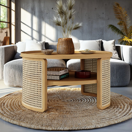 Round Coffee Table With Storage Caned Sides Natural - Furniture Home Direct