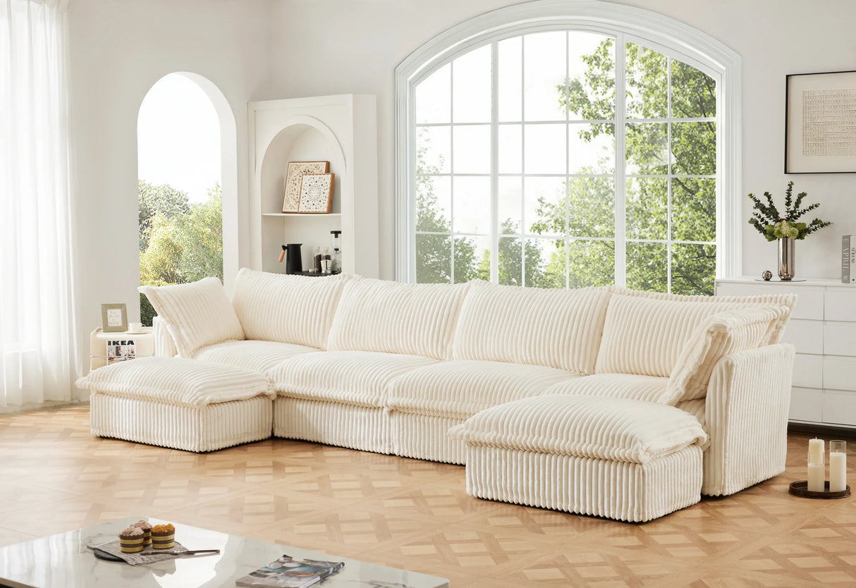 Sectional Sofa Corduroy U Shaped Plush Upholstered Cream - Furniture Home Direct