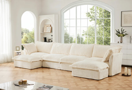 Sectional Sofa Corduroy U Shaped Plush Upholstered Cream - Furniture Home Direct