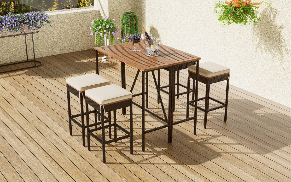 Outdoor Acacia Wood Bar Height Table And Eight Stools With Cushions - Furniture Home Direct