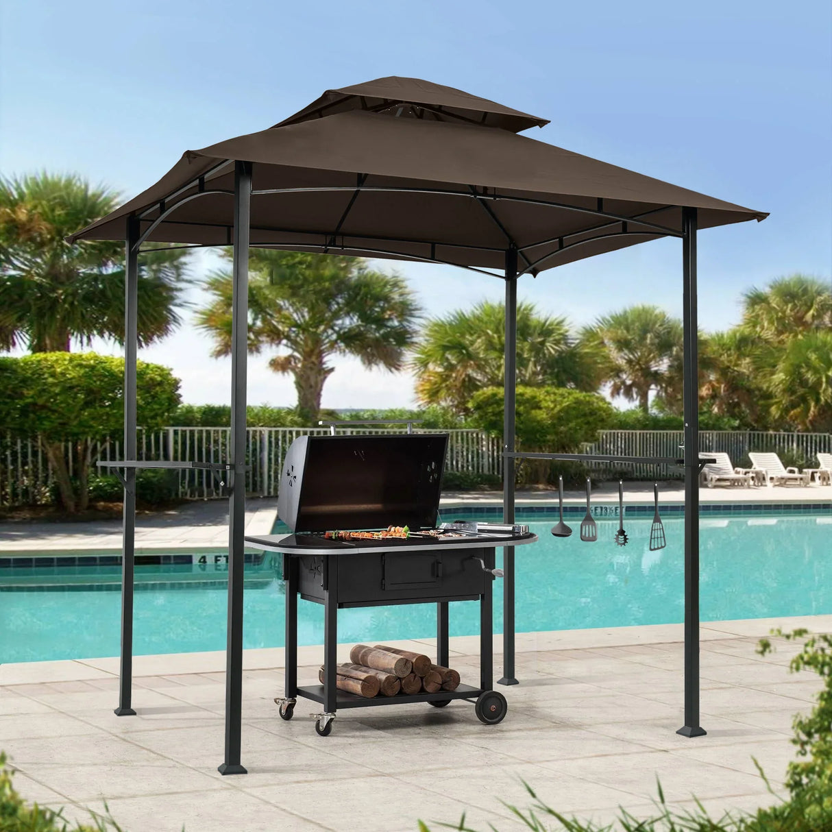 Outdoor Grill Gazebo With Double Tier Soft Top Canopy, Steel Frame, Bar Counters & Hook - Furniture Home Direct