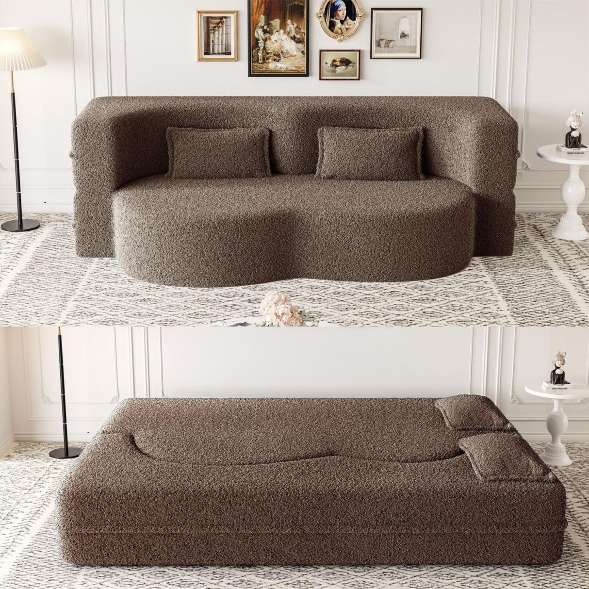 Modern Floor Sofa, With 2 Pillows, Convertible Teddy Fabric Foam Filled Bed - Furniture Home Direct