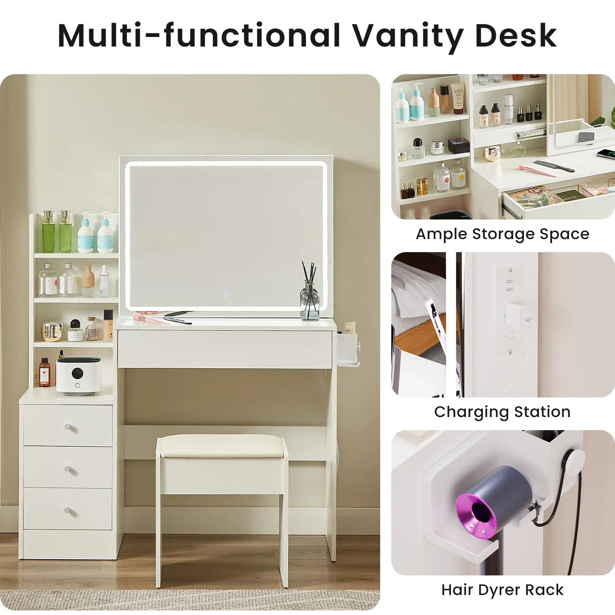 Vanity Table With LED Mirror And Built In Storage White - Furniture Home Direct