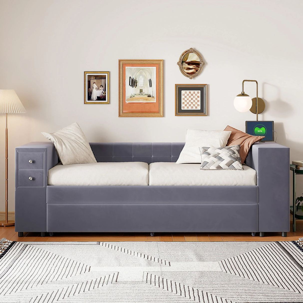 Upholstered Bed With Storage And Twin Trundle, USB Charging Ports - Furniture Home Direct
