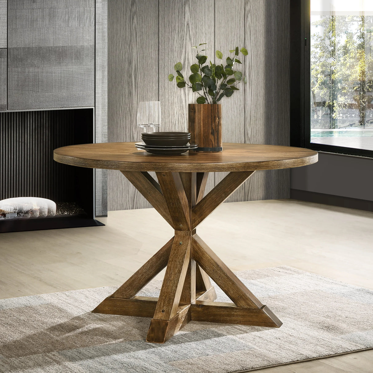 Dining Set Round Solid Wood Table Crossback Chairs Brown - Furniture Home Direct