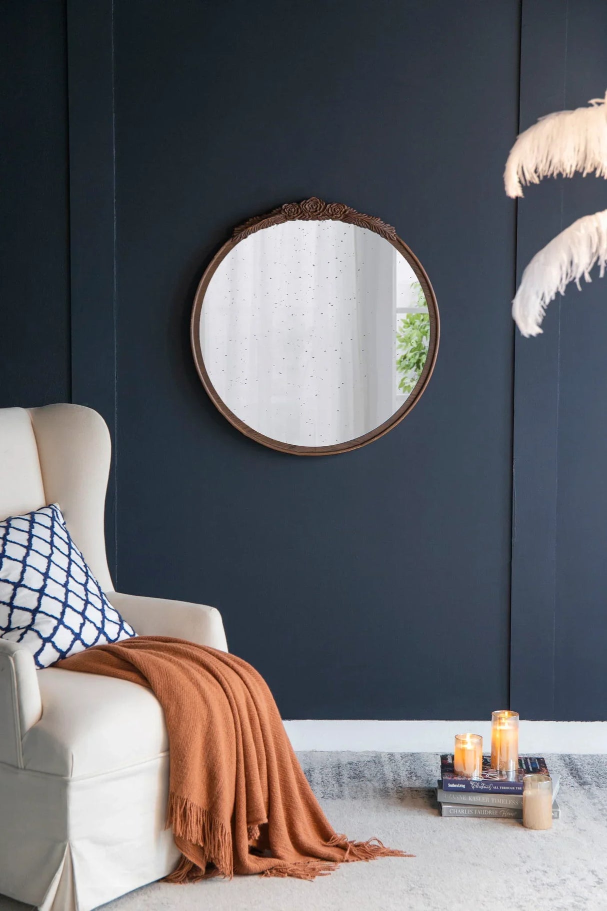 Round Hand Carved Rose Antique Mirror Frame, Wall Mirror For Live Space - Furniture Home Direct