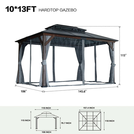 10' x 13' Hardtop Wood Gazebo For Patios, Outdoor Framed Gazebo With Polycarbonate Double Roof Canopy, Solid Wooden Framed Gazebo With Privacy Curtains And Mosquito Nettings For Garden, Backyard - Black - Furniture Home Direct