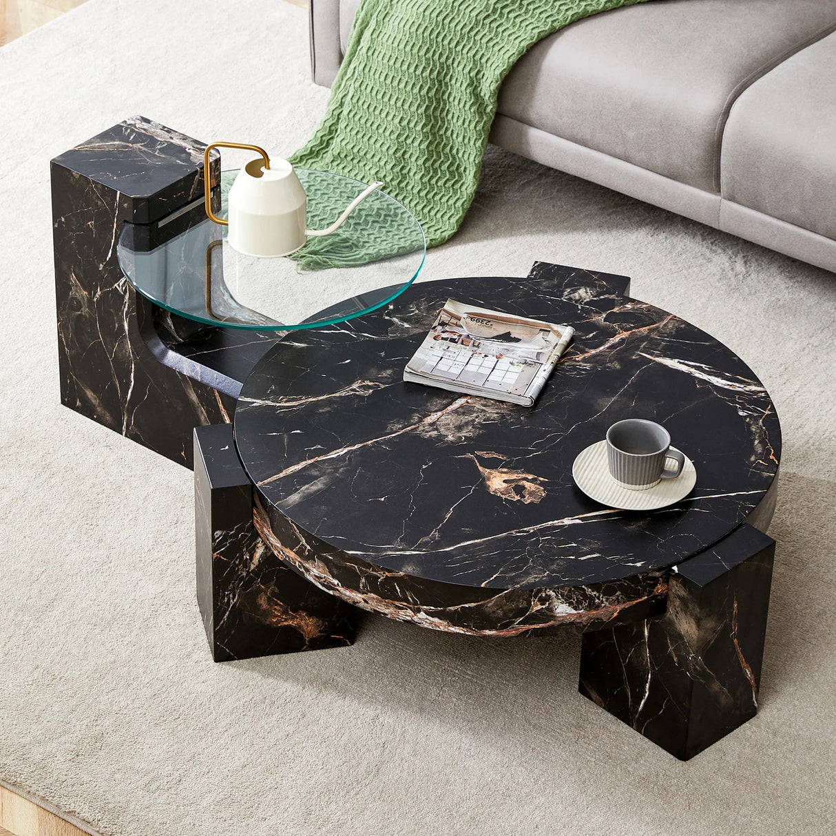 Detachable Double-Decker Black Patterned Coffee Table - Furniture Home Direct