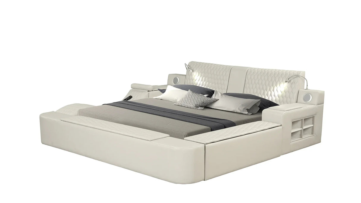 Queen Bed Upholstered Platform with Built in Lighting Beige - Furniture Home Direct