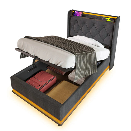 Upholstered Bed, 360 Surround LED Function, Remote Control, Hydraulic Storage Bed With USB, Type-C Charging (Without Mattress) - Furniture Home Direct
