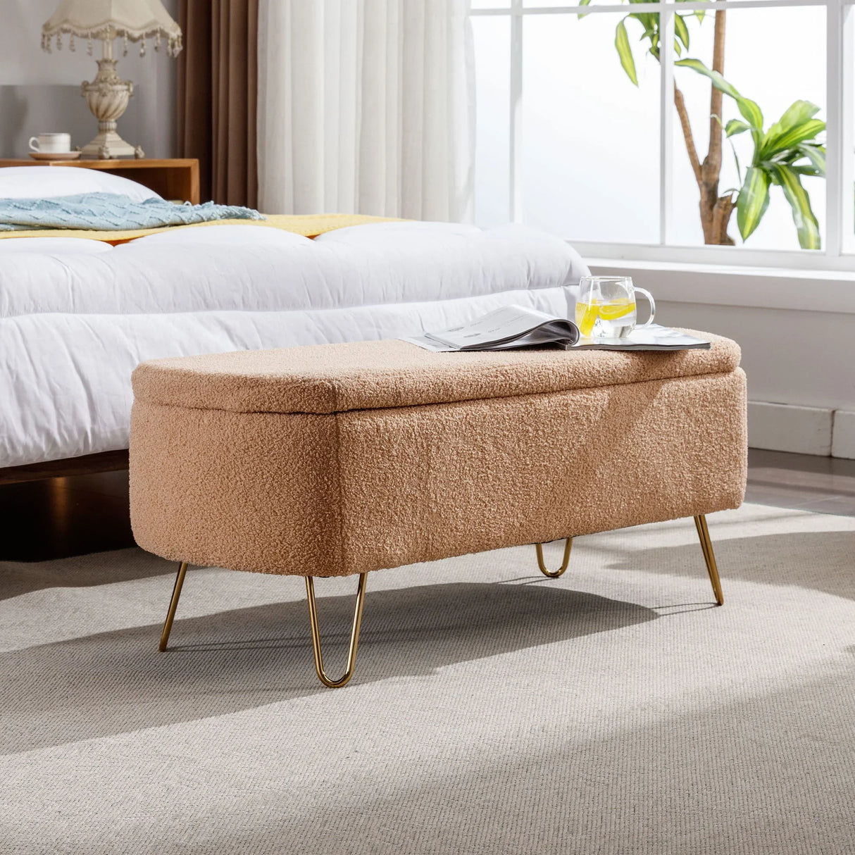 Storage Ottoman Bench For End Of Bed Gold Legs, Modern Camel Faux Fur Entryway Bench Upholstered Padded With Storage For Living Room Bedroom - Furniture Home Direct