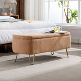 Storage Ottoman Bench For End Of Bed Gold Legs, Modern Camel Faux Fur Entryway Bench Upholstered Padded With Storage For Living Room Bedroom - Furniture Home Direct
