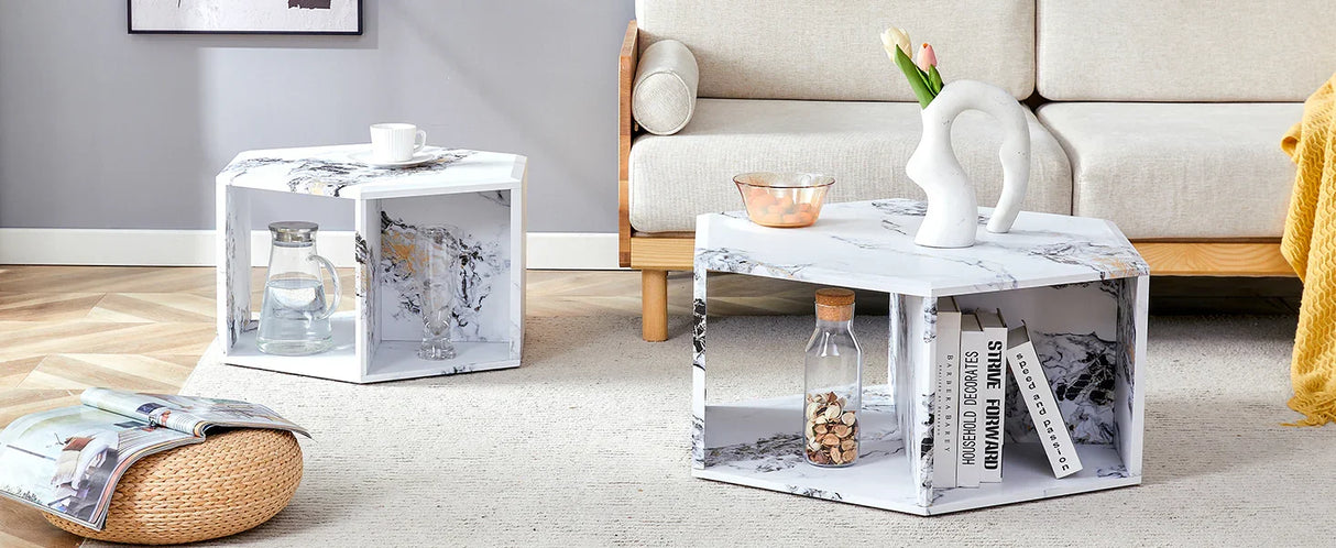 Coffee Table Set Hexagonal Marble Elegant Minimal White - Furniture Home Direct