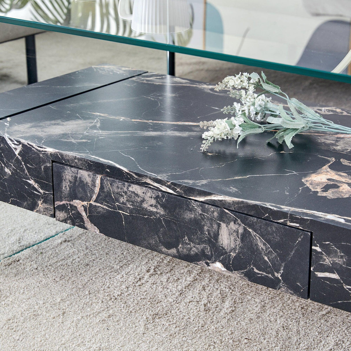 Coffee Table Two-Tier Glass With Solid Marble Base Black - Furniture Home Direct