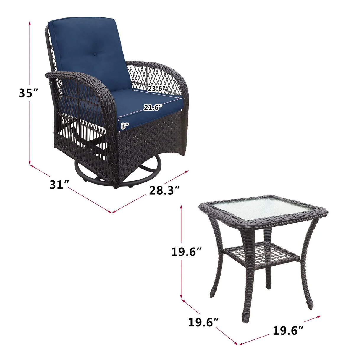 3 Pieces Conversation Set, Outdoor Wicker Rocker Swivel Patio Bistro Set, Rocking Chair With Glass Top Side Table - Furniture Home Direct