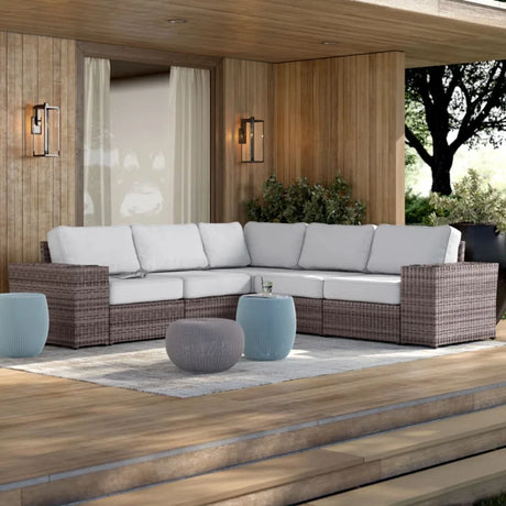 Wide Reversible Outdoor Sectional Sofa With Cushions - Brown / Gray - Furniture Home Direct
