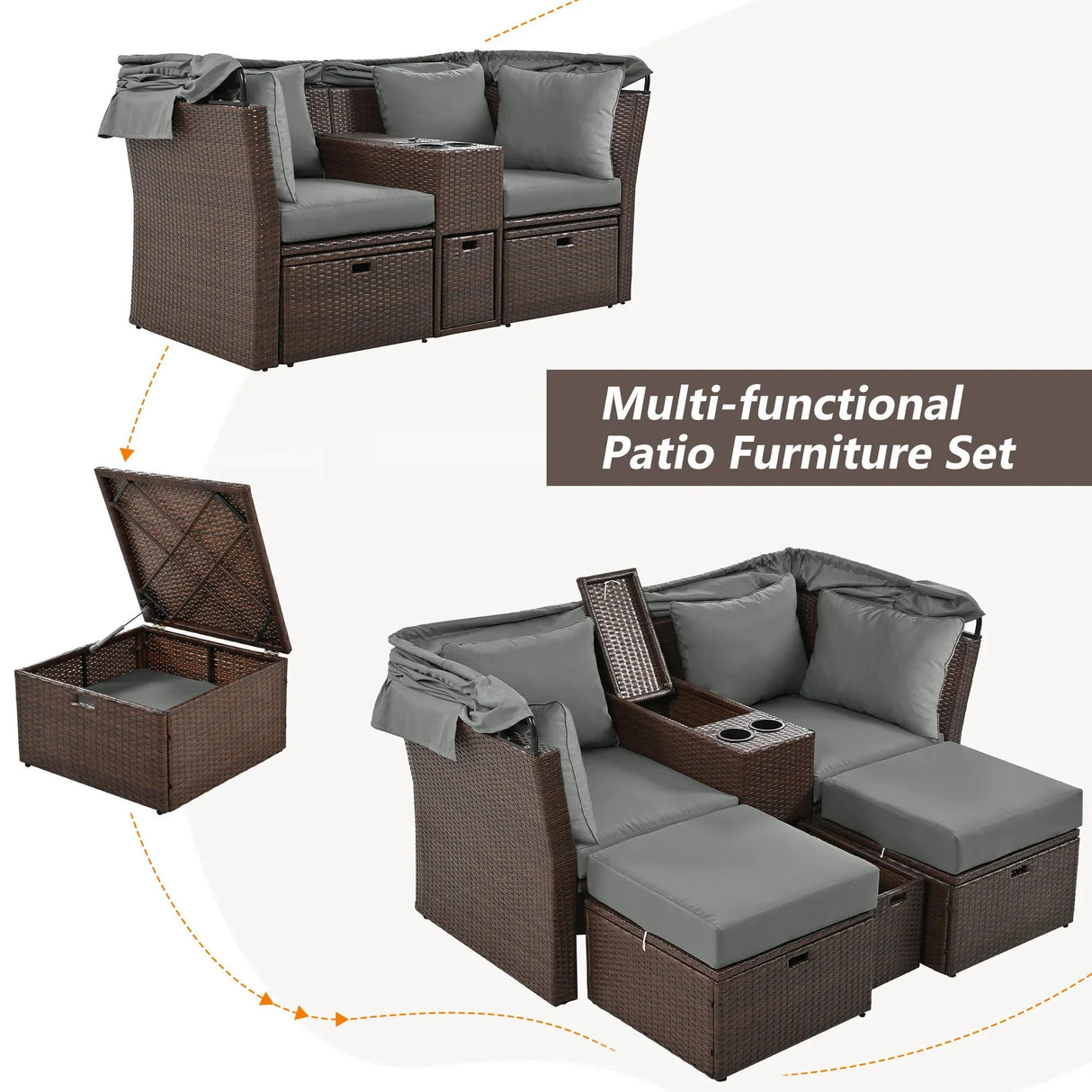 2 Seater Outdoor Patio Daybed Outdoor Double Daybed Outdoor Loveseat Sofa Set With Foldable Awning And Cushions For Garden, Balcony, Poolside - Furniture Home Direct