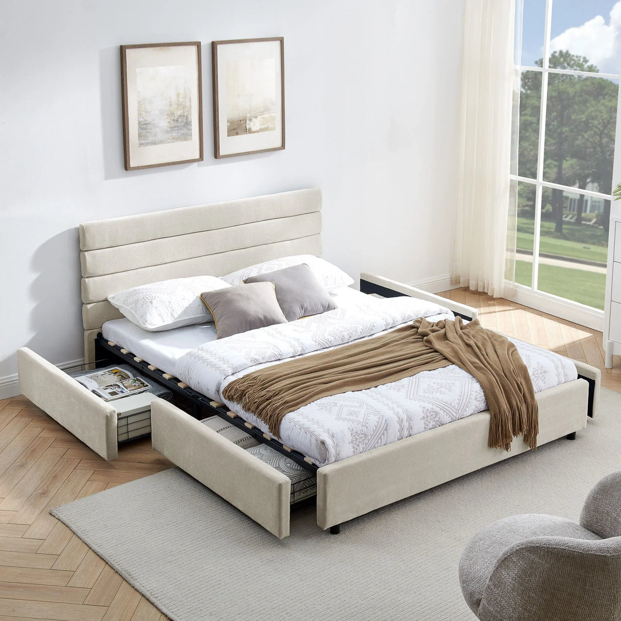 Modern Cushioned Bed Frame With Headboard And Drawers - Furniture Home Direct