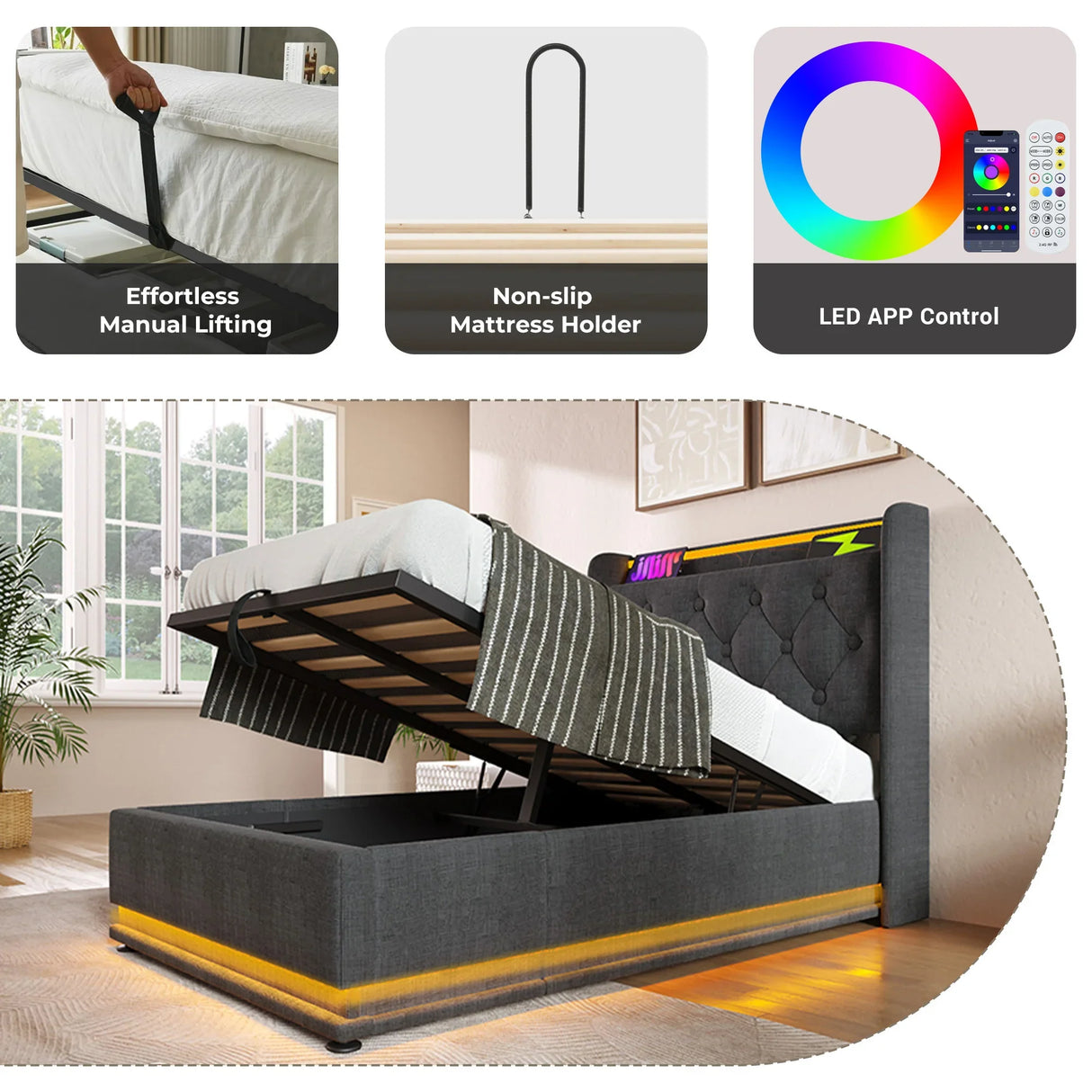 Twin Upholstered Bed 360 Surround LED Lighting USB C Gray - Furniture Home Direct