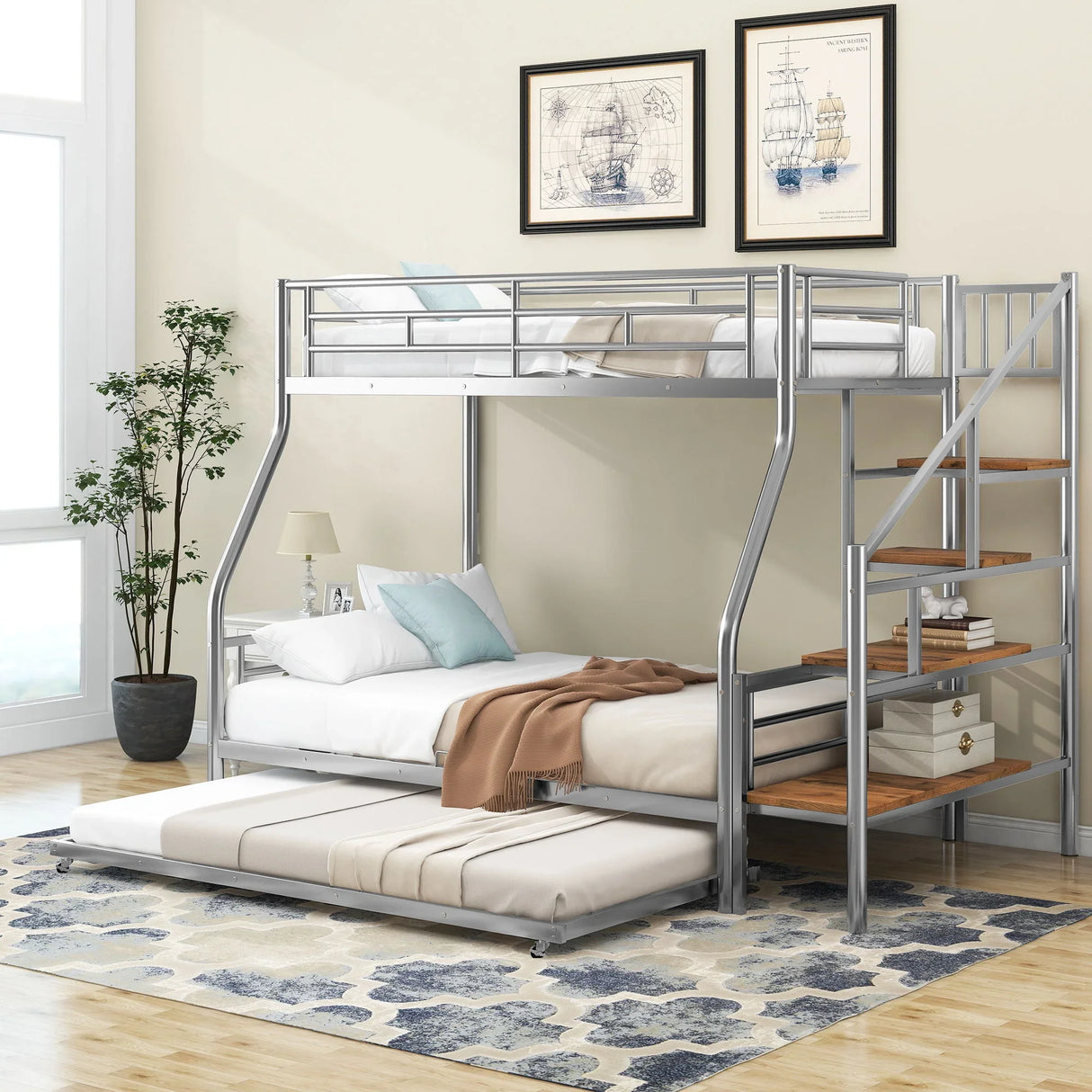 Metal Bunk Bed With Trundle And Storage Staircase - Furniture Home Direct