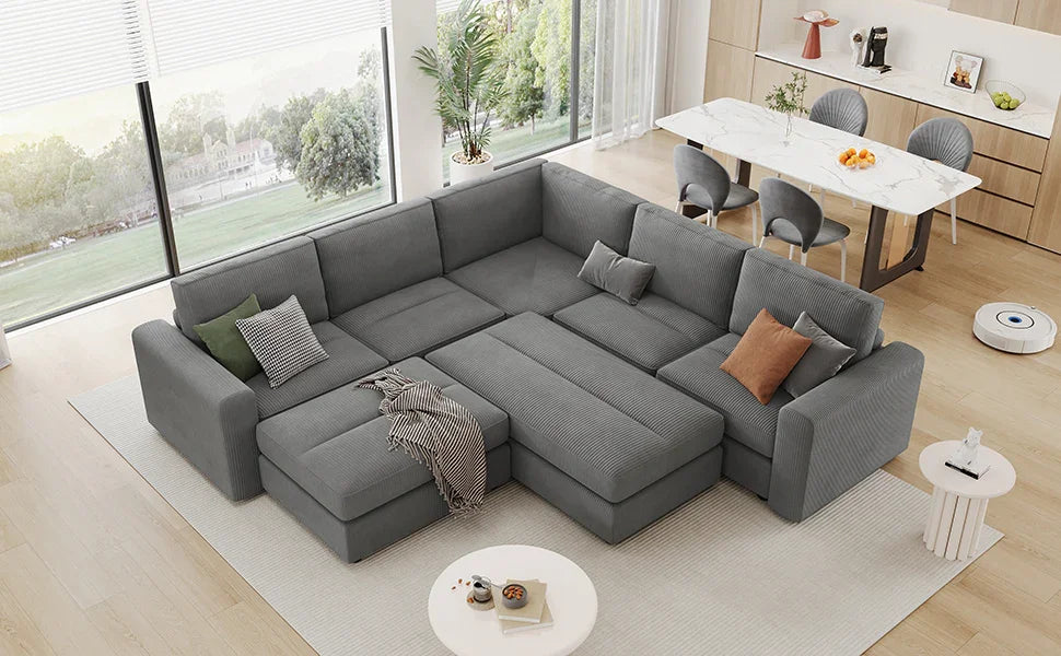 121.3" Modular Sectional Sofa with Two Movable Ottomans, Gray - Furniture Home Direct