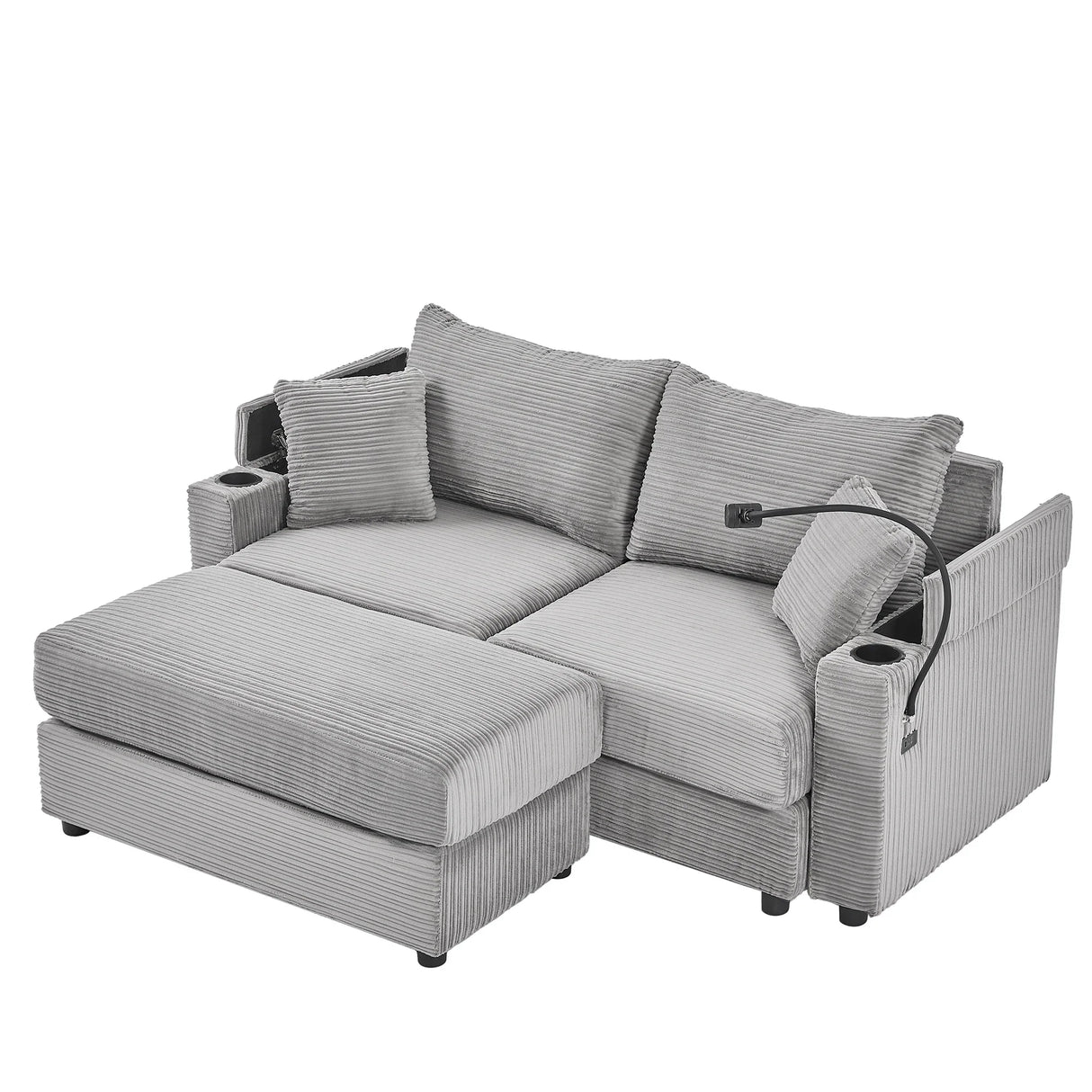 Modern Style Loveseat With Storage, Ottoman, Two USB Ports, Two Cup Holders and Phone Holder - Gray - Furniture Home Direct