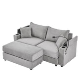 Modern Style Loveseat With Storage, Ottoman, Two USB Ports, Two Cup Holders and Phone Holder - Gray - Furniture Home Direct