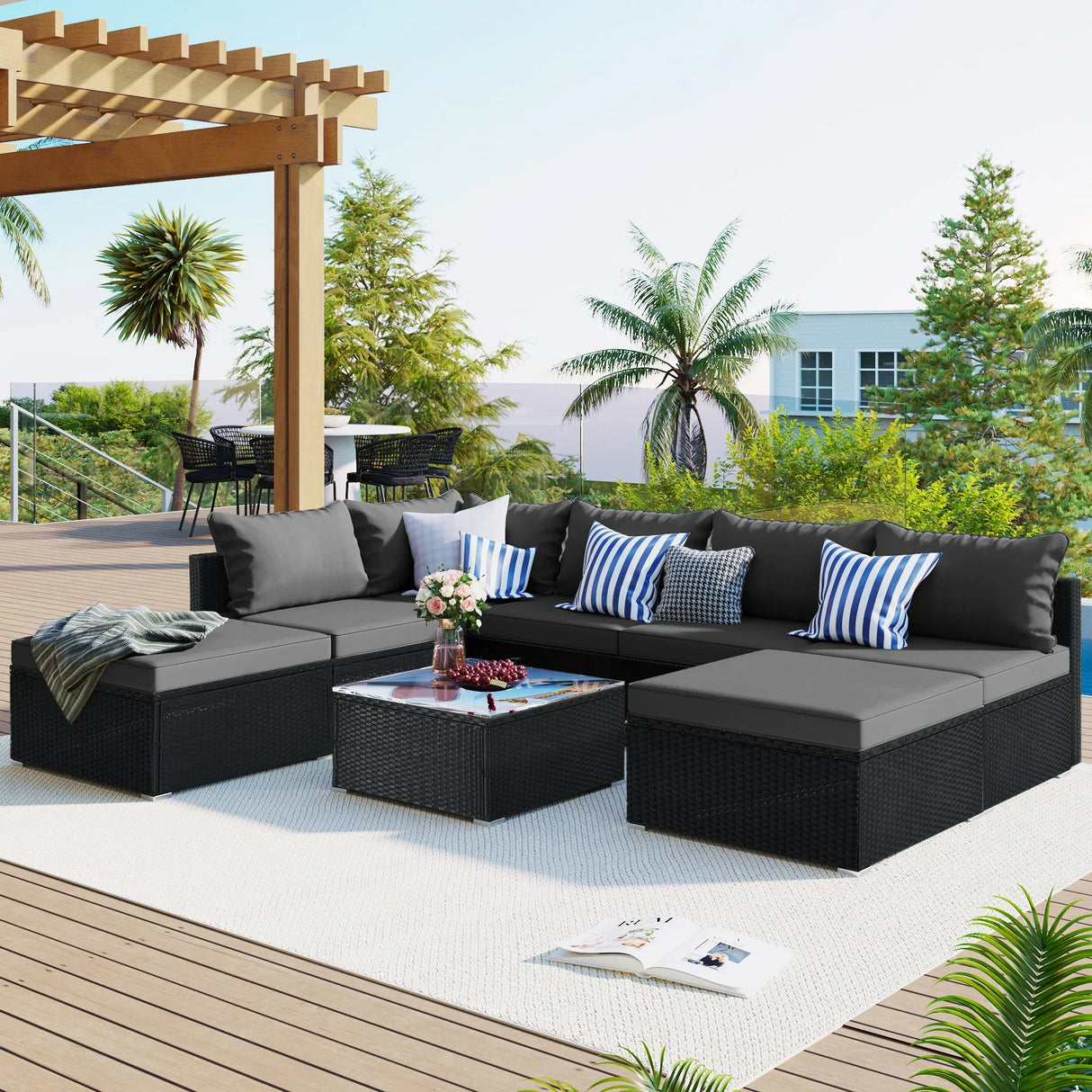 8 Pieces Outdoor Patio Furniture Conversation Wicker Sofa Set - Furniture Home Direct