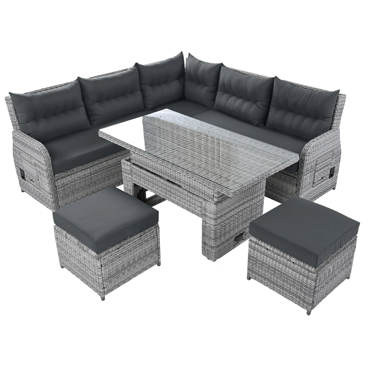 6 Piece Patio Set With An Adjustable Table, Recliners With Extendable Side Tables, And 2 Ottomans - Gray - Furniture Home Direct