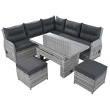 6 Piece Patio Set With An Adjustable Table, Recliners With Extendable Side Tables, And 2 Ottomans - Gray - Furniture Home Direct
