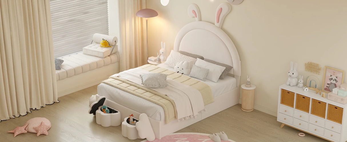 Rabbit-Shaped Bed for Kids Upholstered Full-Size White - Furniture Home Direct