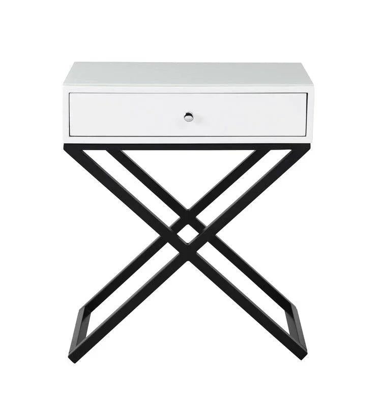 Koda - Wooden End Side Table Nightstand With Glass Top, Drawer And Metal Cross Base - Furniture Home Direct
