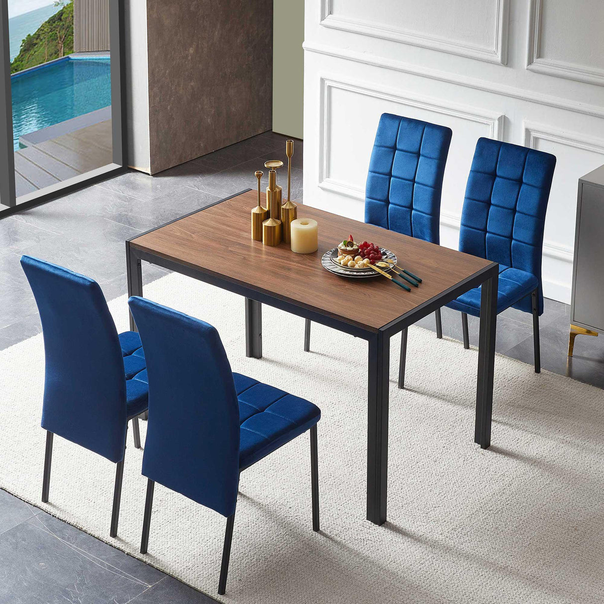 5 Piece Dining Set Including Velvet High Back Nordic Dining Chair & Creative Design Dining Table - Furniture Home Direct