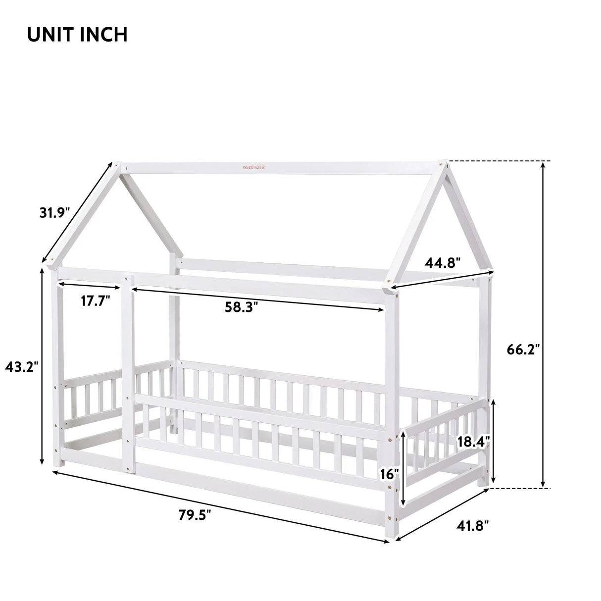Floor Wooden Bed With House Roof Frame, Fence Guardrails - Furniture Home Direct