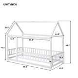 Floor Wooden Bed With House Roof Frame, Fence Guardrails - Furniture Home Direct