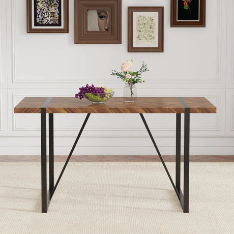 Dining Table Herringbone Wood Top And Metal Base Black - Furniture Home Direct