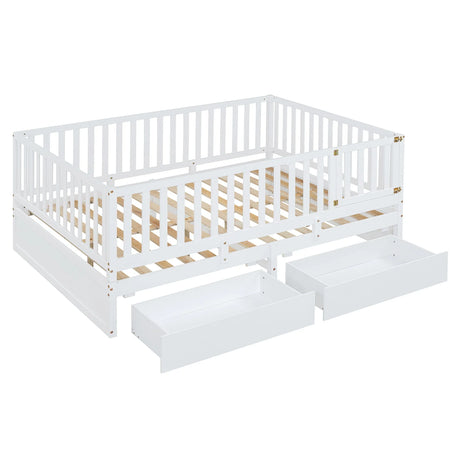 Daybed With Fence Guardrails And 2 Drawers, Split Into Independent Floor Bed & Daybed - Furniture Home Direct